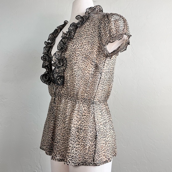 Y2k Sunny Leigh Leopard Print Sheer Ruffle Front Half Button Down V Neck Top - Picture 8 of 11
